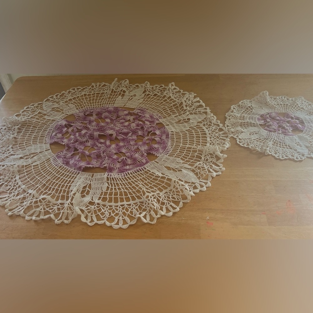 Vintage 32” crocheted lace round table cover with matching doily